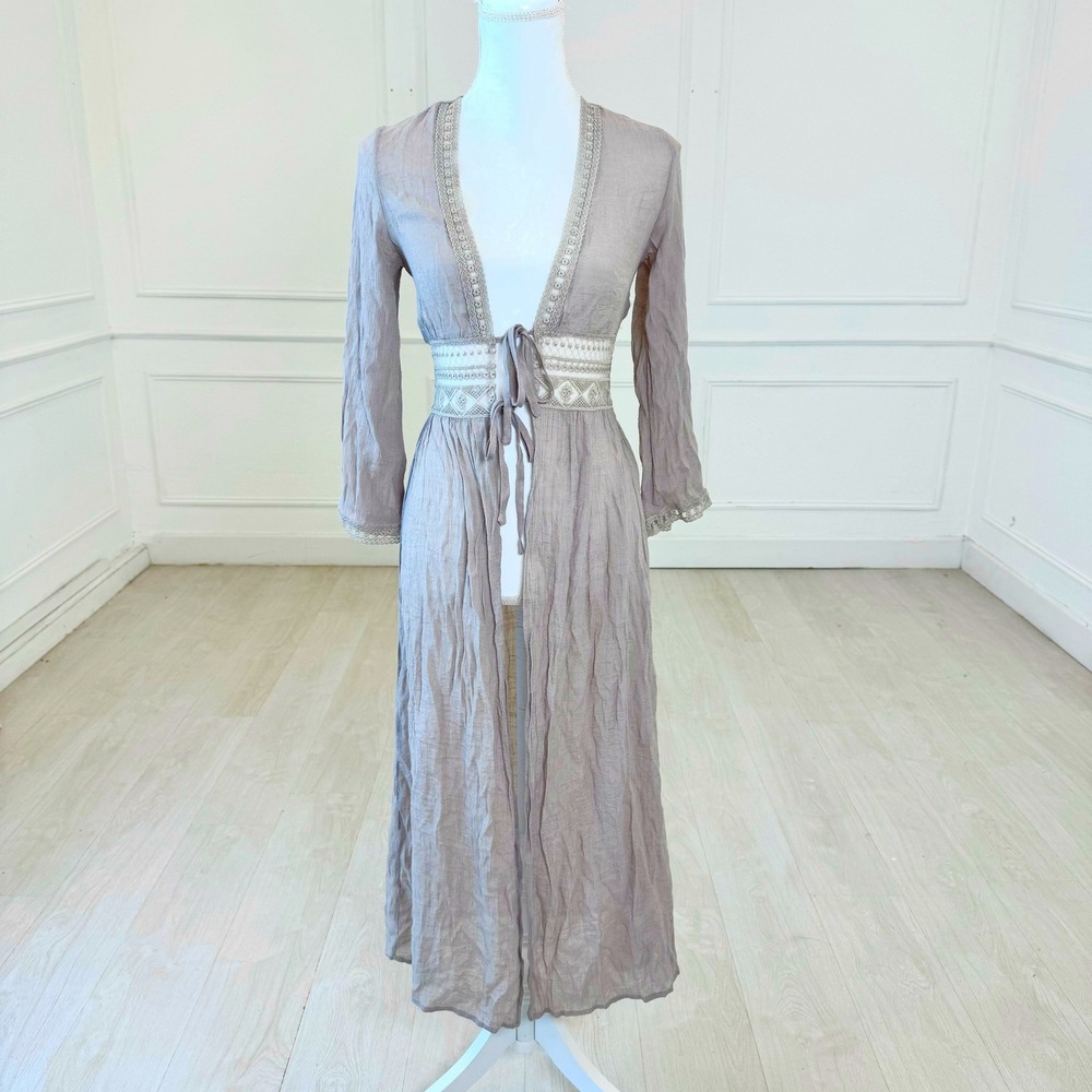 Rebellion Kimono Cover Up Women XS Gray Taupe Gauze Embroidered Lace Boho Duster